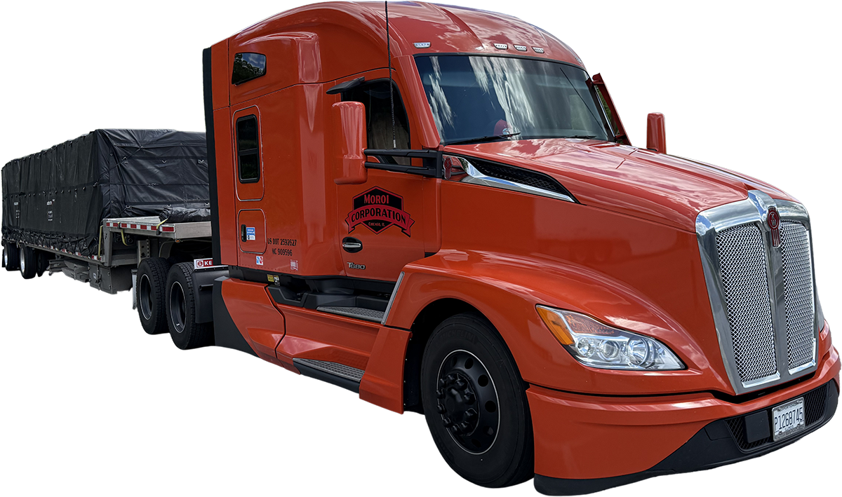 Moroi Corporation orange semi-truck with loaded step-deck trailer